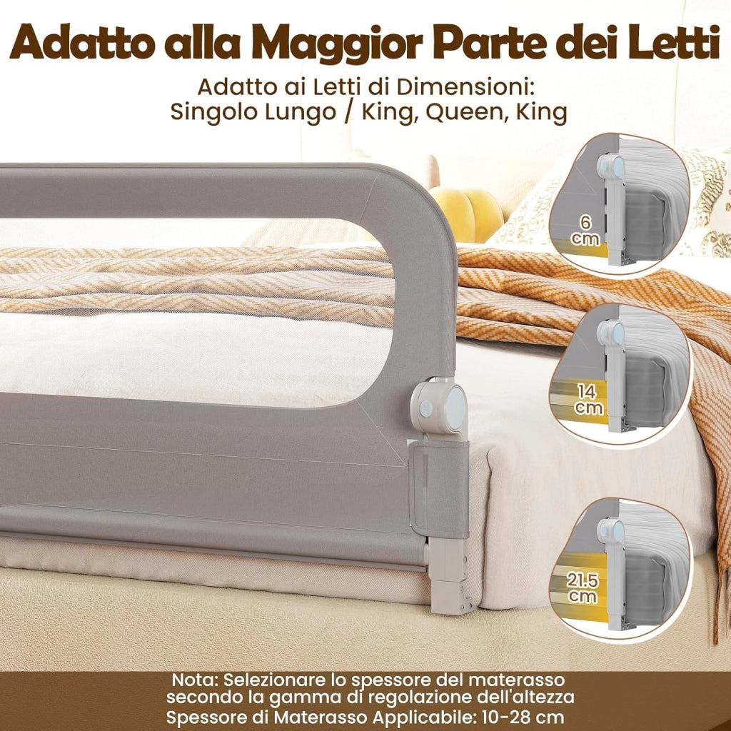 Sponda Letto per Bambini 80/120/150/180 cm, Barriera di Sicurezza per Neonati, Altezza Regolabile a 3 Livelli, Barriera Letto Pieghevole, con Cinghia di Sicurezza (180 cm,Grigio)