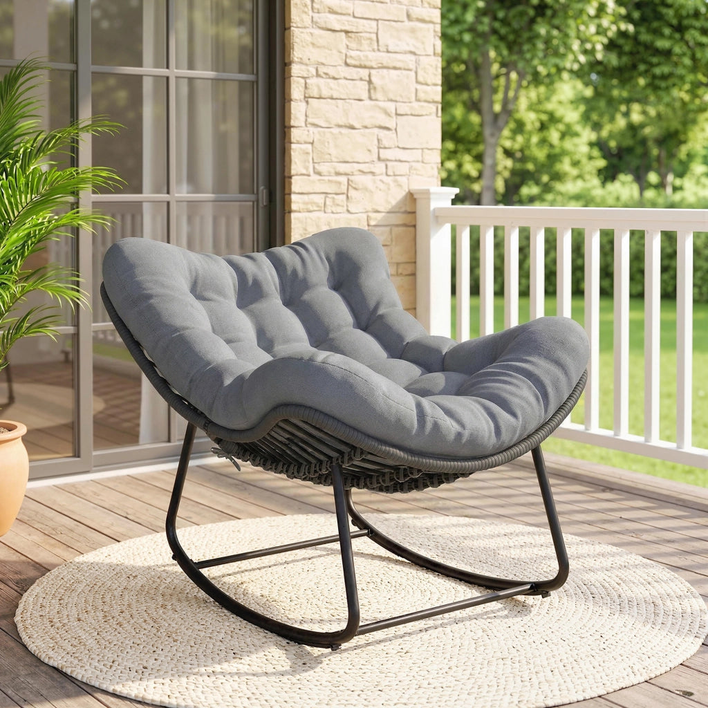Sedia a Dondolo ¨C Zephmum ¨C Rattan Grigio Scuro con Cuscino