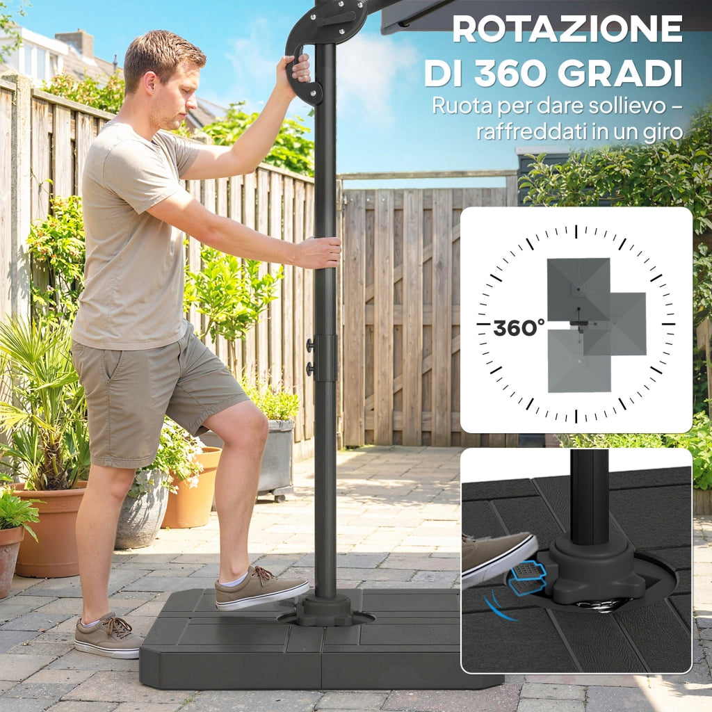 Ombrellone da Giardino a Manovella 2.4x2.4m con Base Riempibile e Girevole, Grigio Scuro