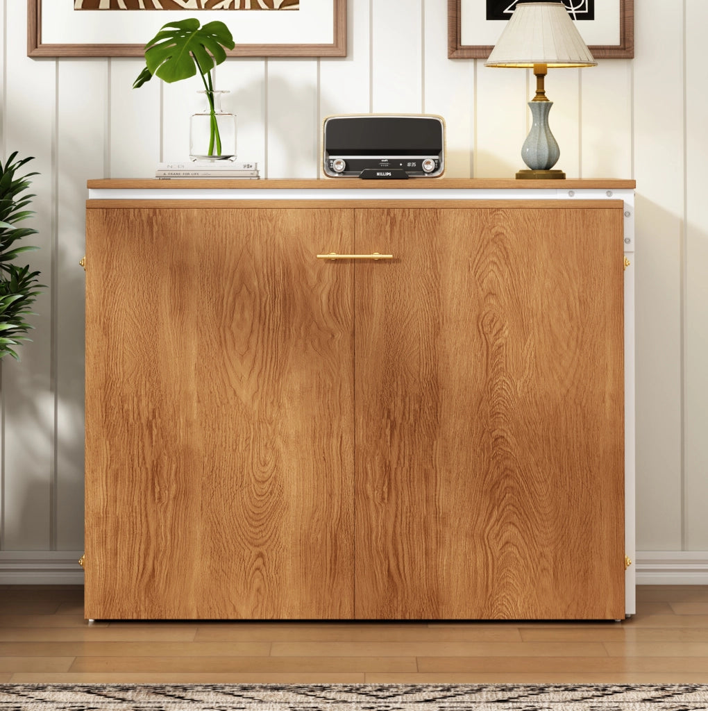 Letto a scomparsa con scrivania girevole e materasso 90x200 cm; naturale in metallo e legno