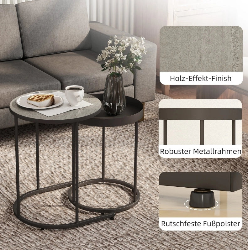 Set 2 tavolini ad incastro ?42 e ?36，5 cm in MDF e metallo grigio industriale