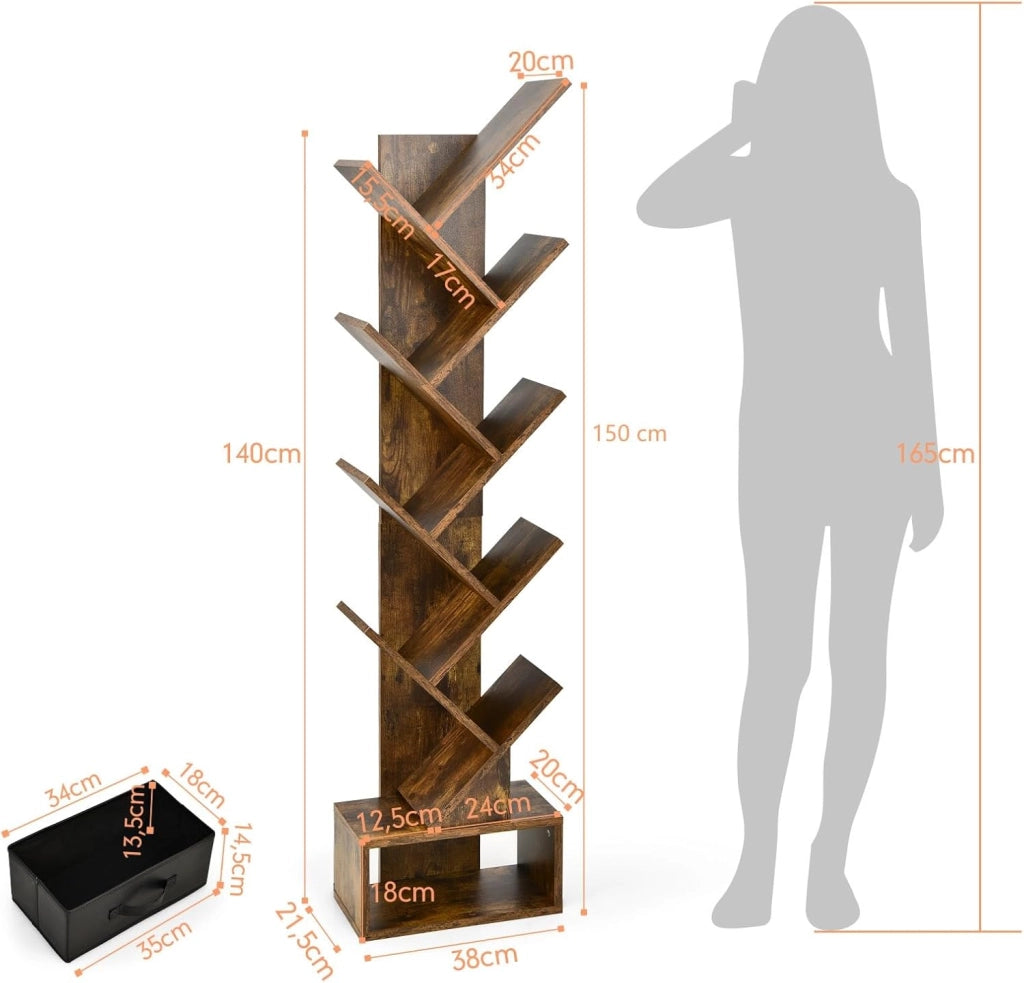 Libreria ad Albero in Legno, Scaffale a 10 Ripiani con Cassetto, Portaoggetti Autoportante per Soggiorno, Studio e Ufficio, 38 x 20 x 150 cm (Marrone)
