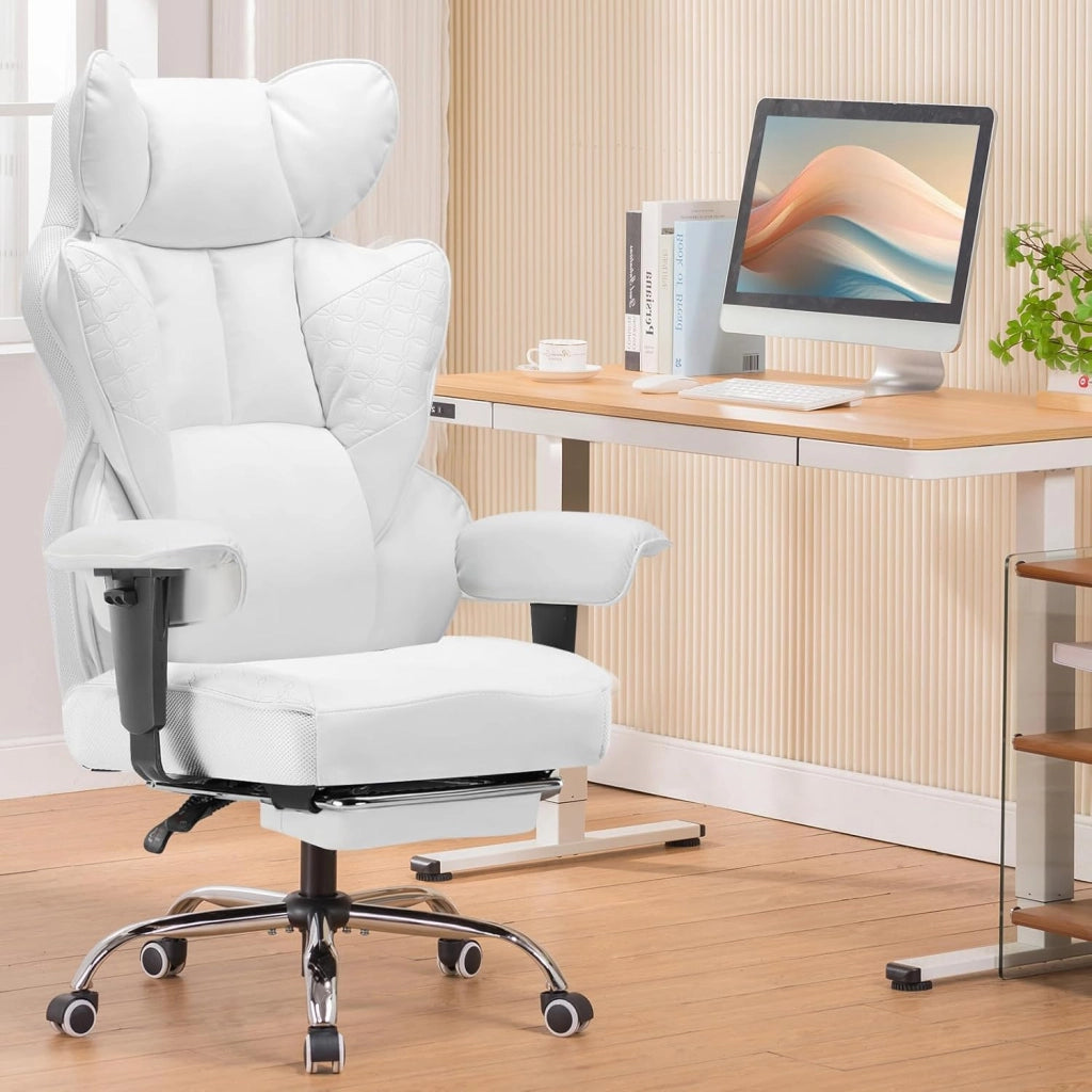 Sedia da gaming ergonomica da ufficio, sedia da scrivania con braccioli regolabili, supporto lombare a molle insacchettate per persone grandi e alte, 150 kg, ampia seduta bianca