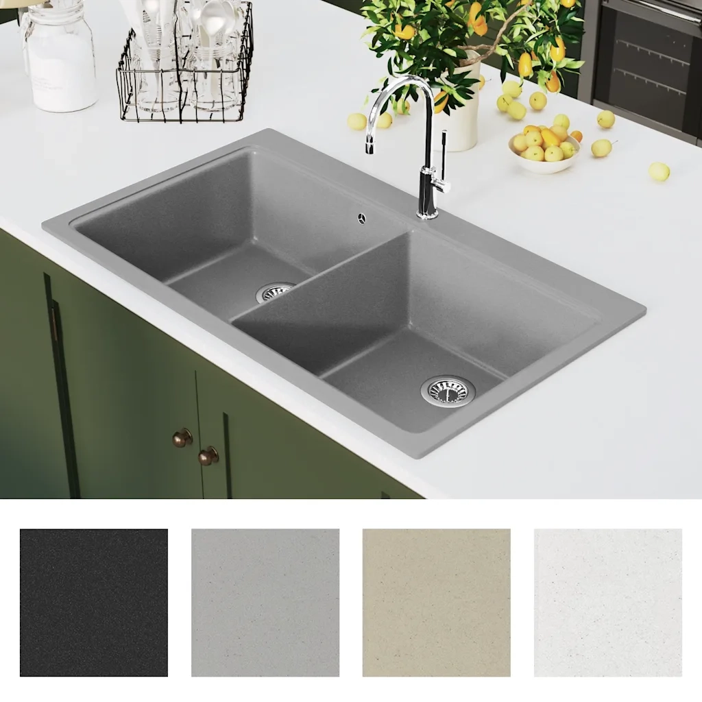 Lavandino Cucina-Lavabo-Lavello granito grigio lavello doppio con montaggio sopra