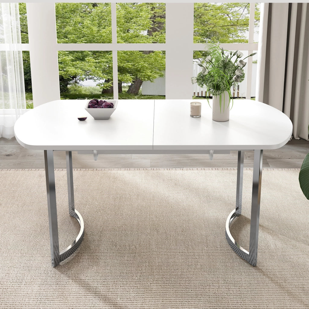 Tavolo da pranzo allungabile con struttura stabile, stile classico, per 4-6 persone, bianco e gambe argentate