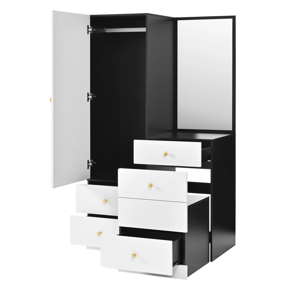 Toeletta con armadio laterale; specchio a figura intera; cassetto compartimentato e sgabello estraibile per camera; 90 × 50;5 × 160 cm