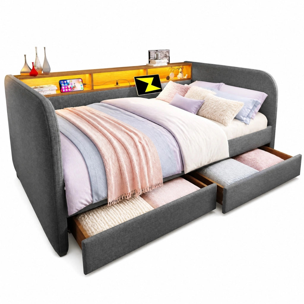 Letto Contenitore 140x190 cm; Letto Singolo - LED; USB e Type-C; 2 Cassetti - Grigio