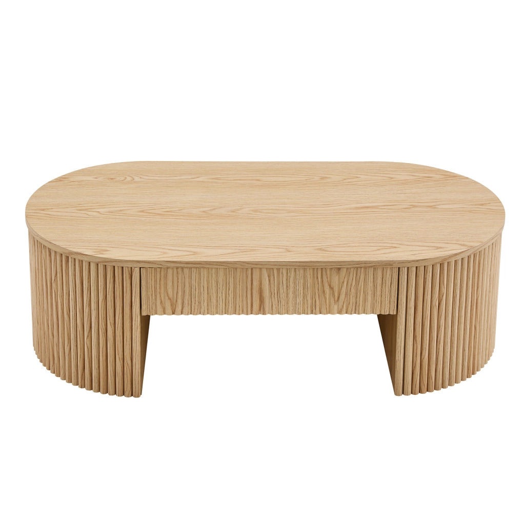 Tavolino da caffè 118x65x17 cm con cassetto e finitura scanalata in MDF naturale