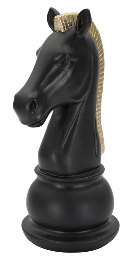Statua Cavallo scacchi nero criniera oro, poliresina 10,5x8,5x19cm