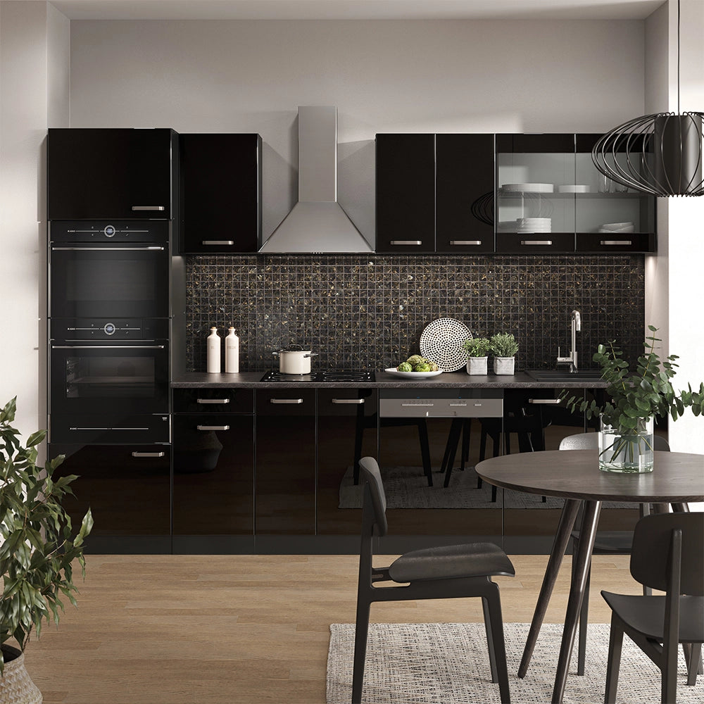 Vicco Cucina componibile Nero lucido/antracite 300 cm con armadio alto, PL Antracite