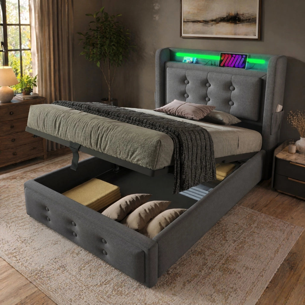 LETTO 90x200 cm con testiera LED e USB, cotone-lino grigio, materasso incluso