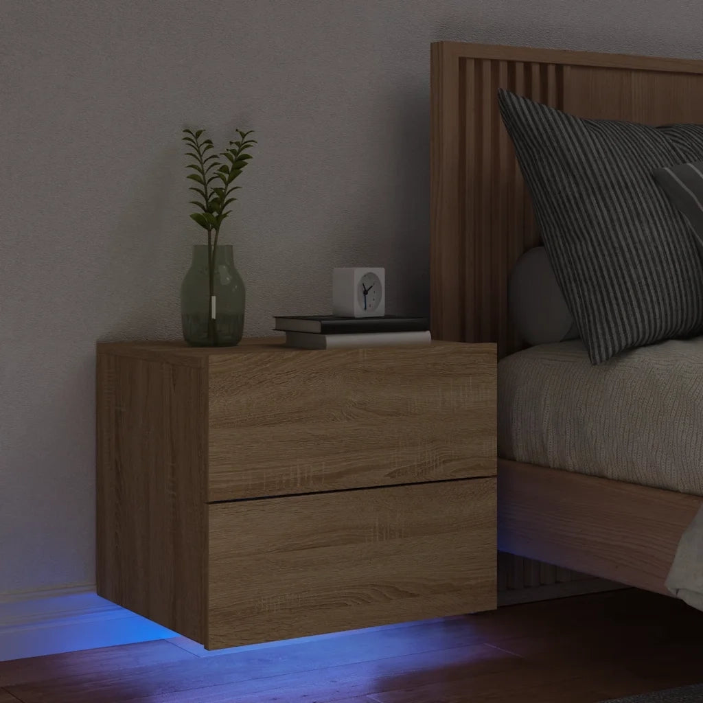 Comodino | Armadio da Notte | Mobiletto da notte a Parete con luci LED Rovere Sonoma