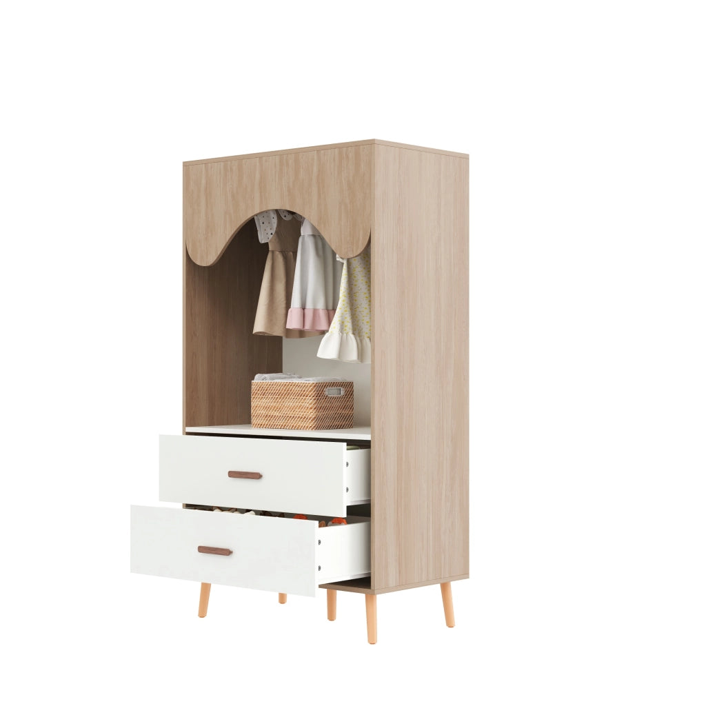 Armadio aperto con asta appendiabiti e 2 cassetti in MDF, maniglie in legno massello, per camera da letto, 80 × 46 × 141,5 cm