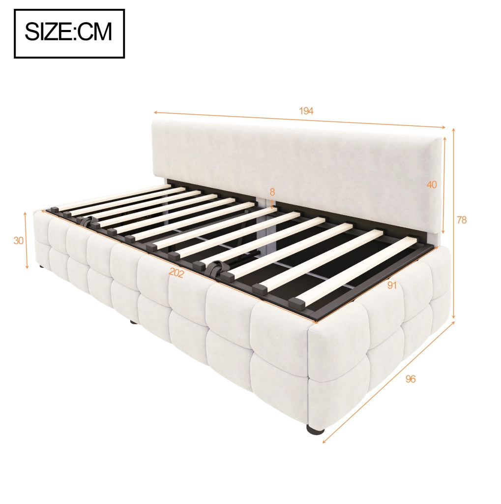 Divano letto singolo imbottito 90x200 cm con contenitore idraulico e schienale; velluto beige
