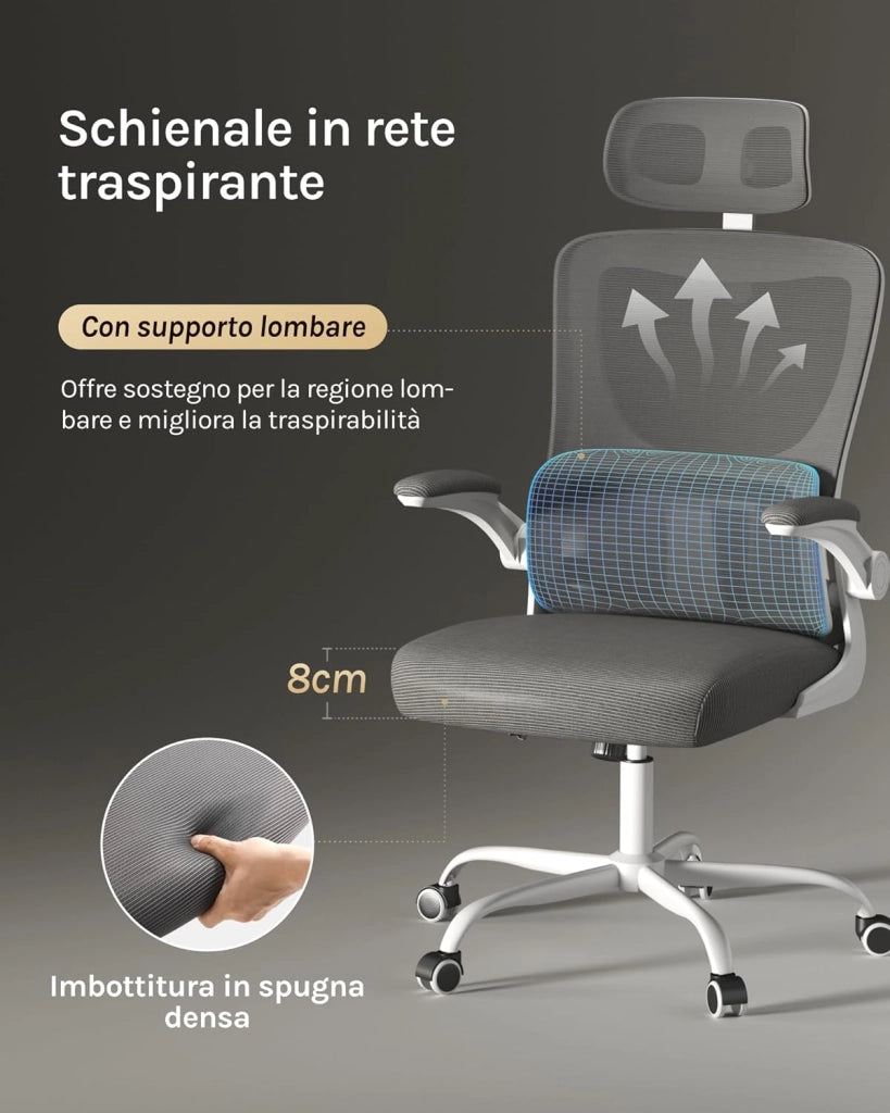 Sedia Ufficio Ergonomica, Sedie Ufficio a Rete Traspirante, Con Supporto Lombare Adattativo a Forma Di C, Poggiatesta Regolabile, Braccioli Ribaltabili, per Scrivania, Casa, Grigio