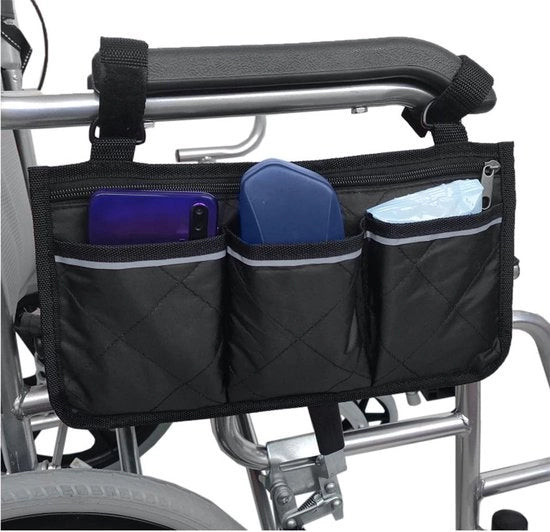 Tas di stoccaggio per sedia a rotelle con 3 contenitori per bracciolo - nero.