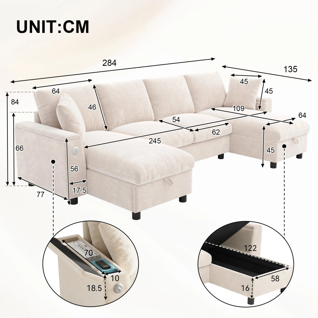 Divano a U, tessuto chenille, chaise longue, con vano portaoggetti, porte USB/Type-C, 284 x 135 x 84 cm, beige