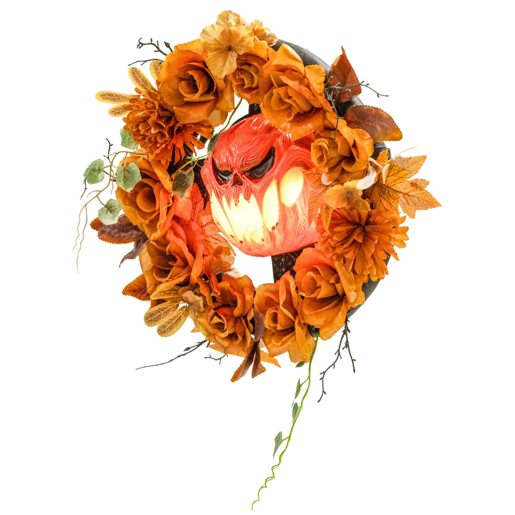 Corona Halloween ¨C zephmum ¨C Design Zucca Spaventosa, Foglie Autunnali, Luci, Plastica