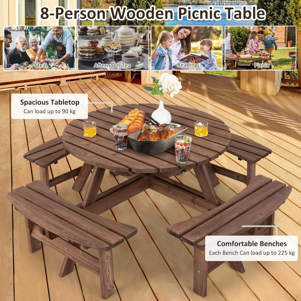Set di Tavolo e Panche Da Esterno Rontondo in Legno, Set di Mobili da Giardino per 8 Persone con Foro per Ombrellone, Resistente alle Intemperie, 178x178x70 cm