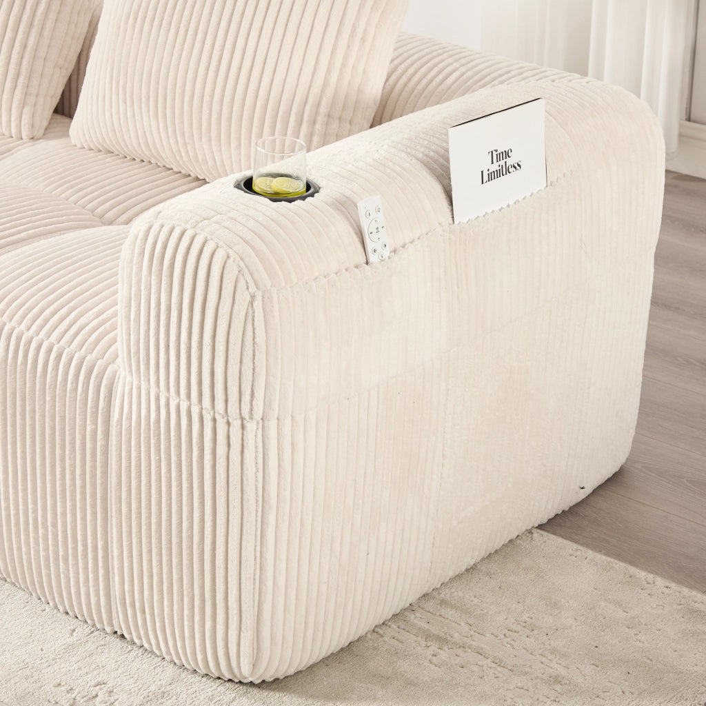 Divano Modulare 2 Posti con Tasche Laterali e Porta Bicchieri in Cord Beige 253 × 158 × 61 cm