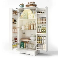Armadio da cucina in stile country con illuminazione LED e ripiani regolabili, 60x35x128,5 cm, Bianco