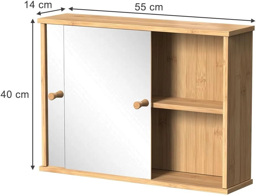Specchio contenitore bagno Mireo, Bambù, 55 x 40 cm con 2 porte scorrevoli