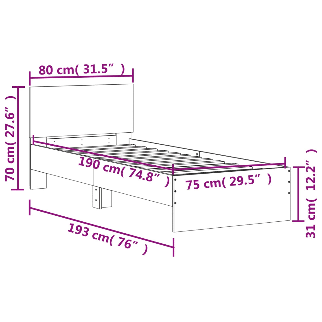 Letto singolo | Letto per adulti | Giroletto con Testiera Grigio Sonoma 75x190cm Legno Multistrato