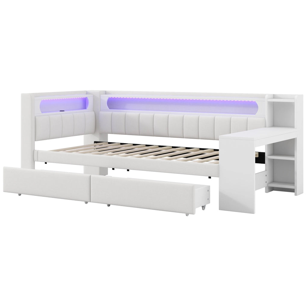 Daybed imbottito 90x200 cm con USB; LED; scrivania e 2 cassetti; bianco