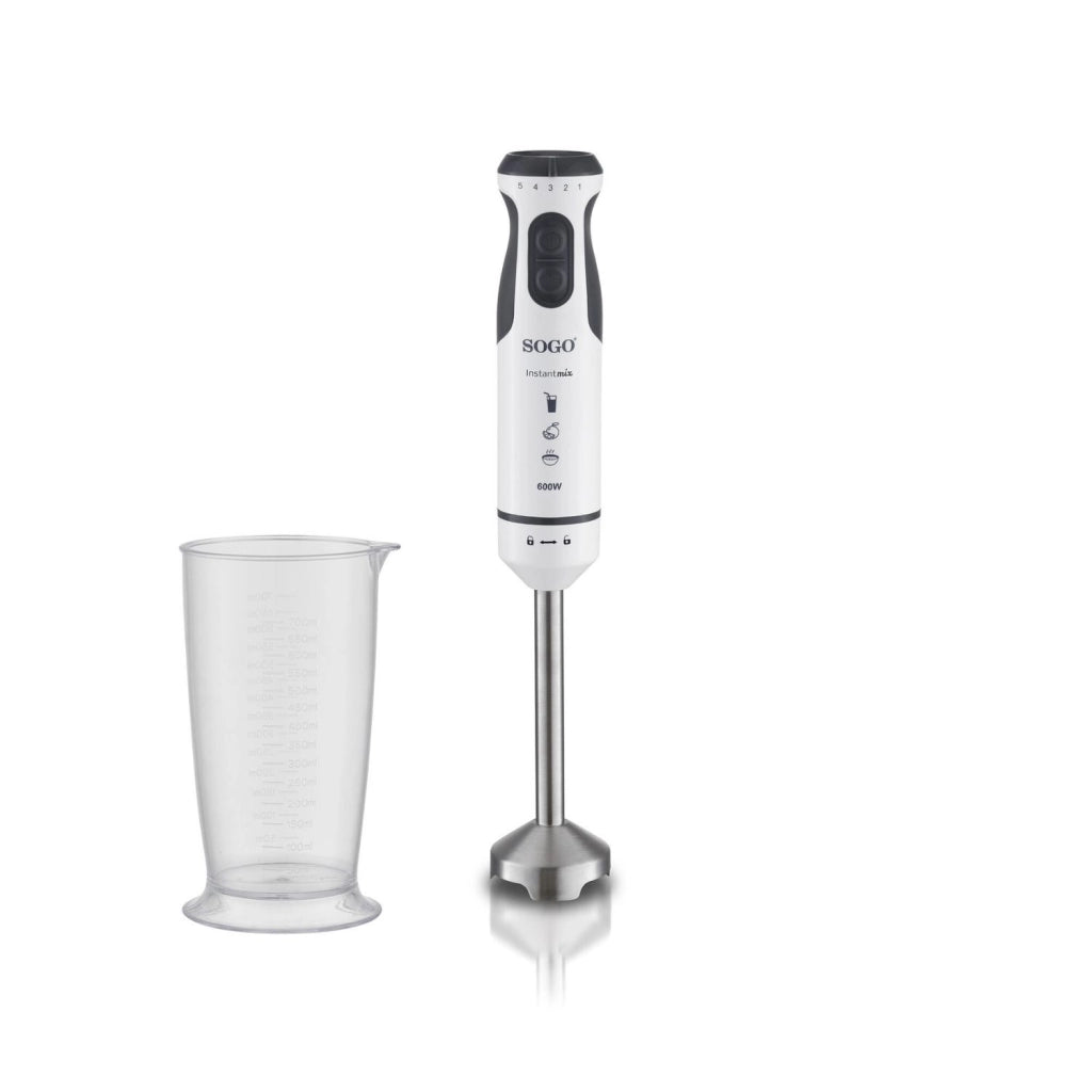 Frullatore elettrico a immersione 600W, 5 velocità variabili, lame acciaio inox, bicchiere graduato 700ml cucina - SOGO