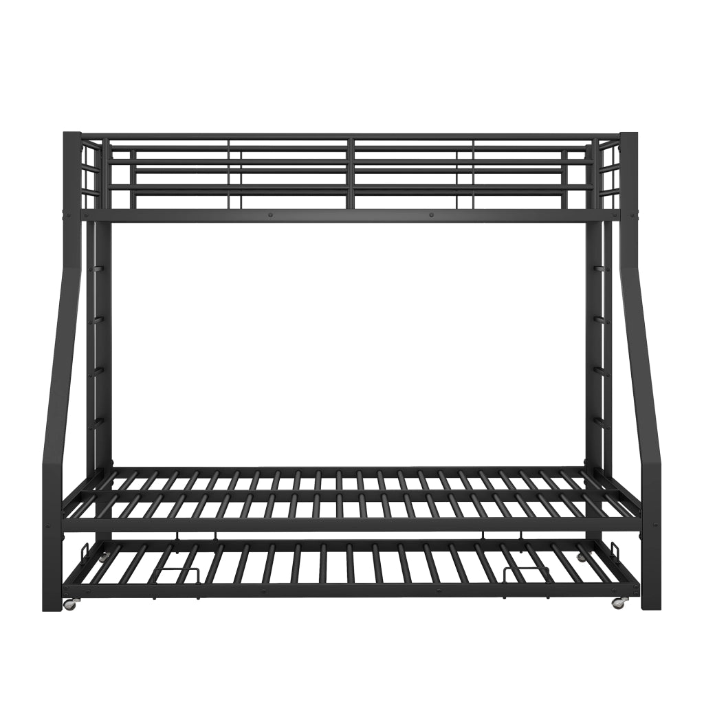 OKWISH Letto a Castello 90×200 cm e 140×200 cm, Letto 3 Posti con Letto Estraibile, 2 Scale e Sponde, senza Materasso, in Metallo, Nero