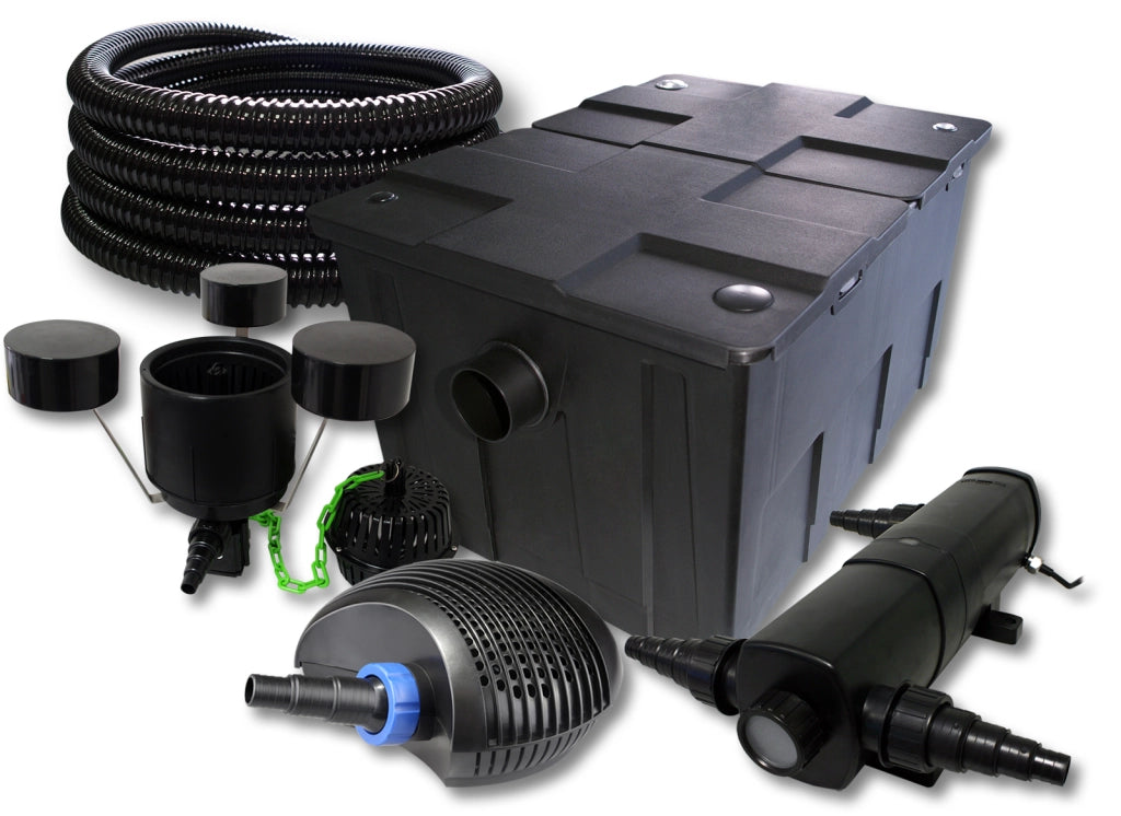 Set filtro per laghetto da 60.000l Chiarificatore 24W Pompa ECO 40W Tubo 25m Skimmer