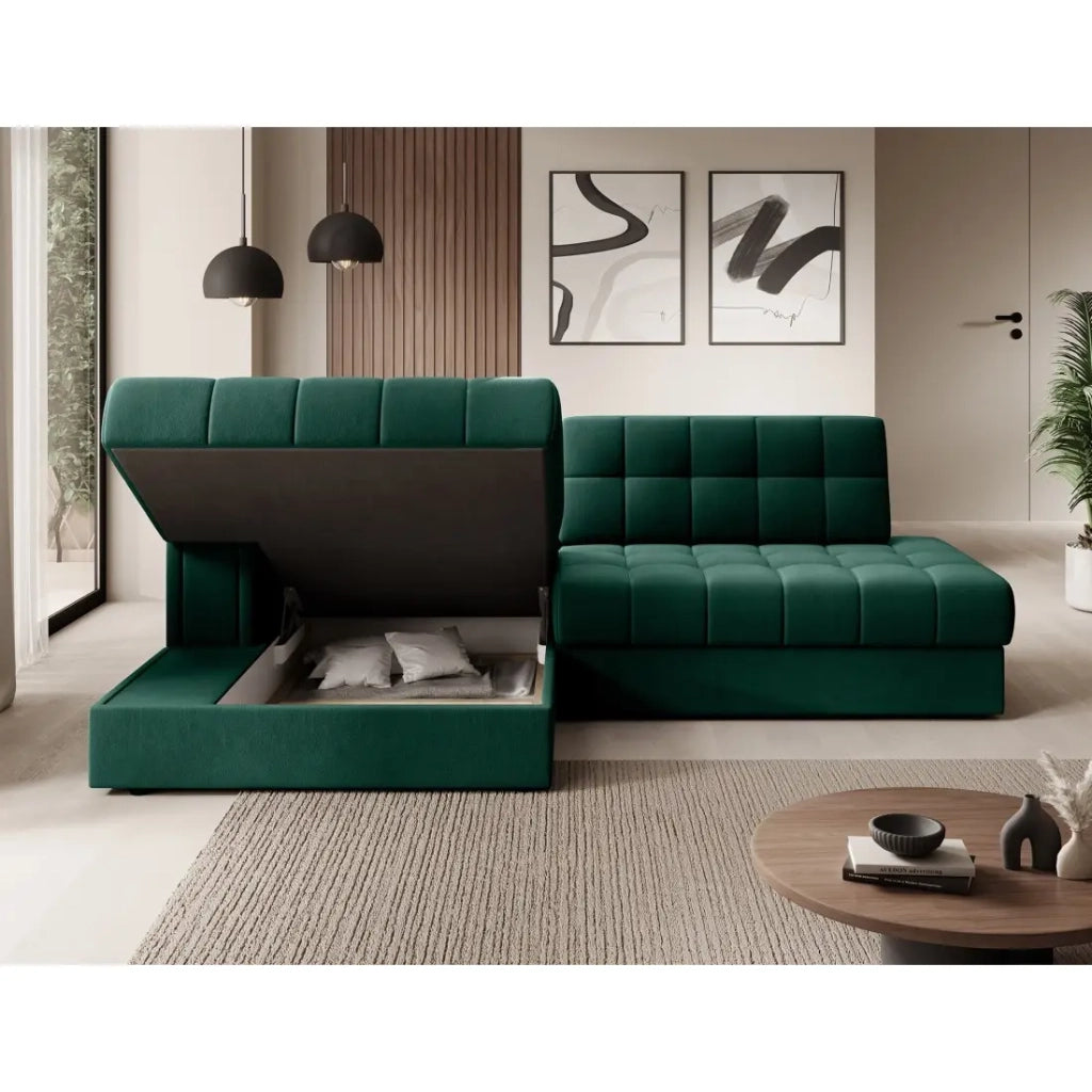 Divano angolare convertibile CUBITO verde 240 cm con contenitore e letto