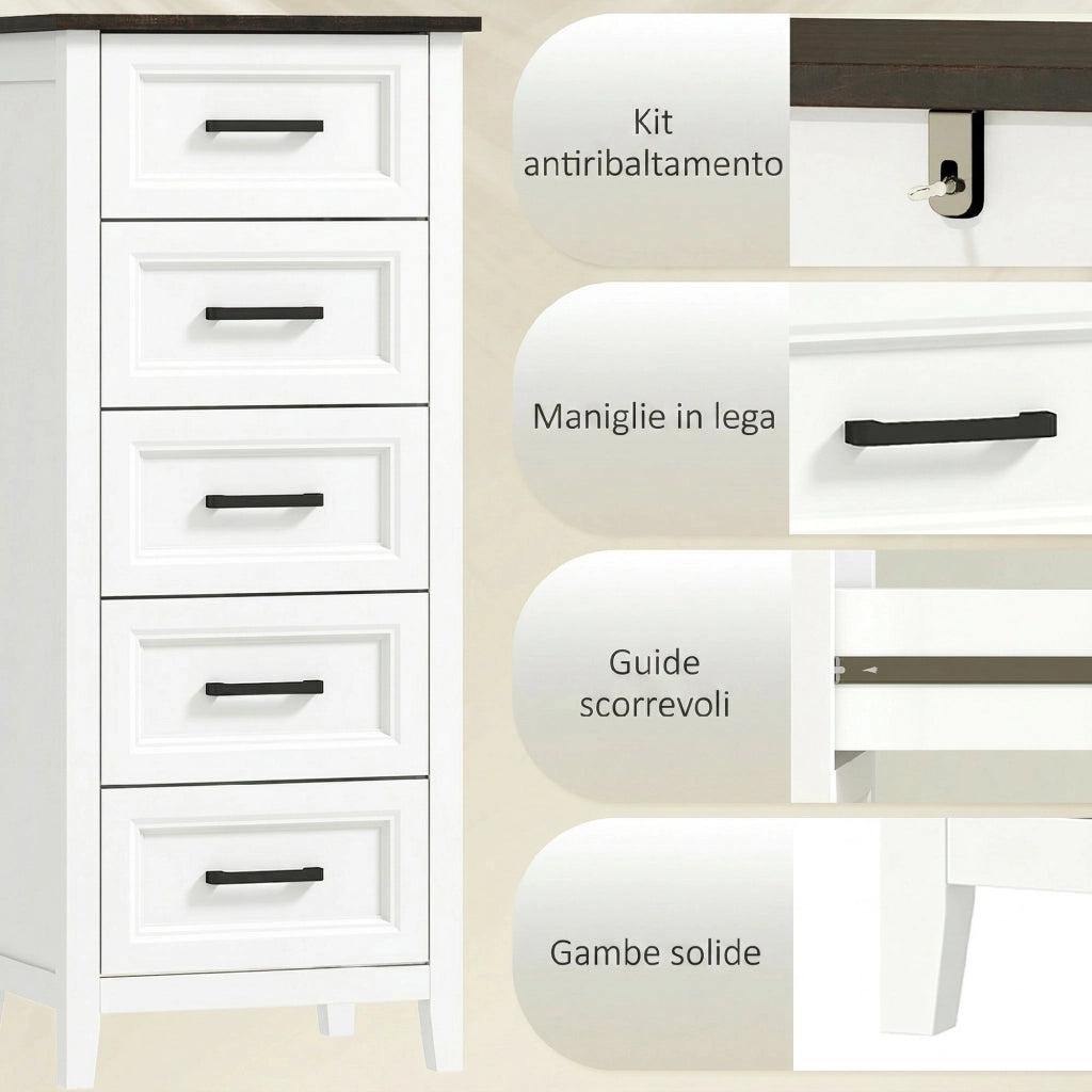 Cassettiera con 5 Cassetti. Mobile Alto per Camera da Letto e Soggiorno