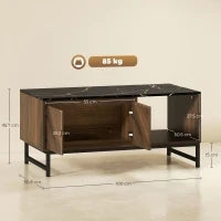 Tavolino salotto con piano effetto marmo, 2 ante e 2 nicchie aperte, 100 x 50,8 x 45,7 cm, Noce