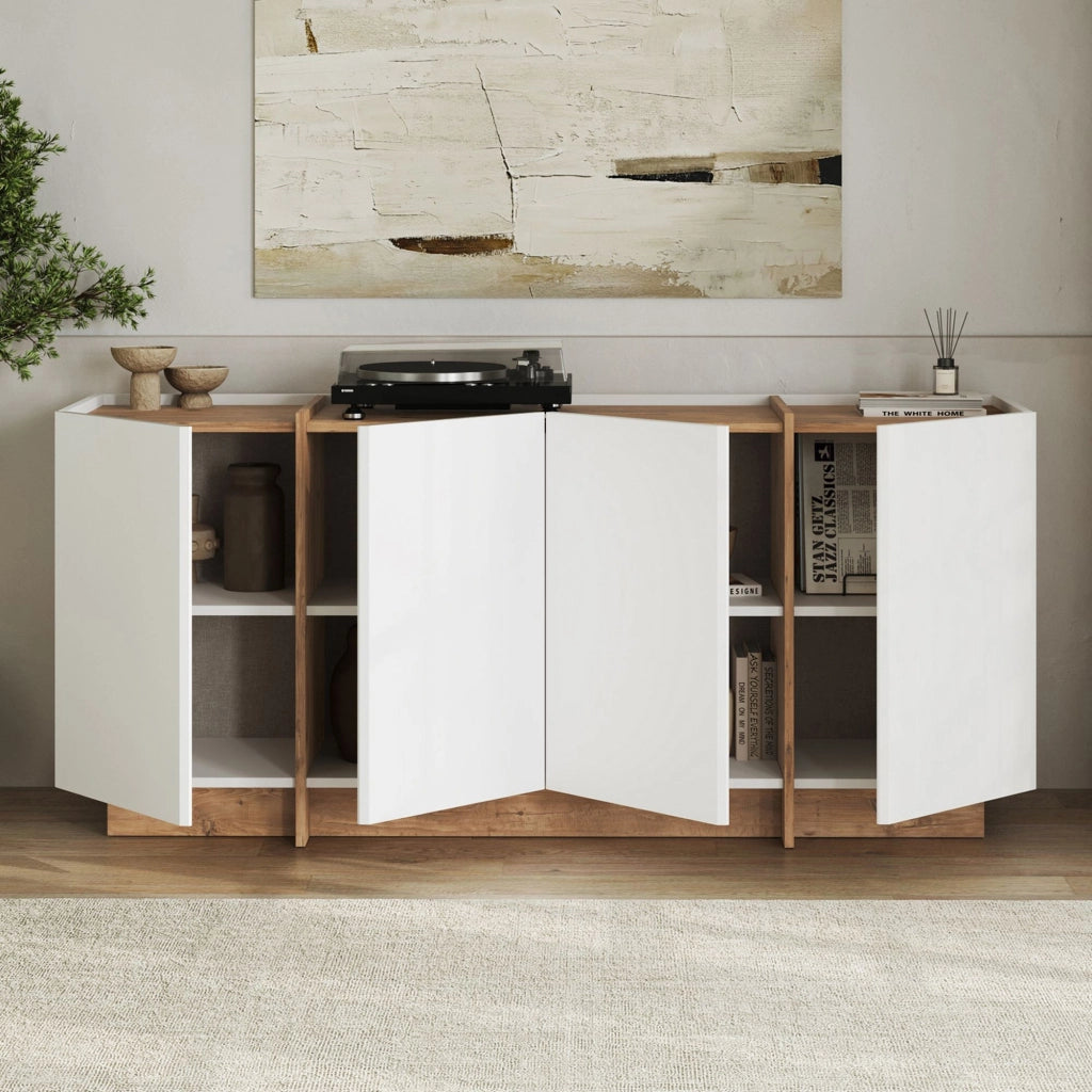 Credenza in legno "Dorma" - 180 x 45 x 80 cm - Bianco / Pino Atlantico