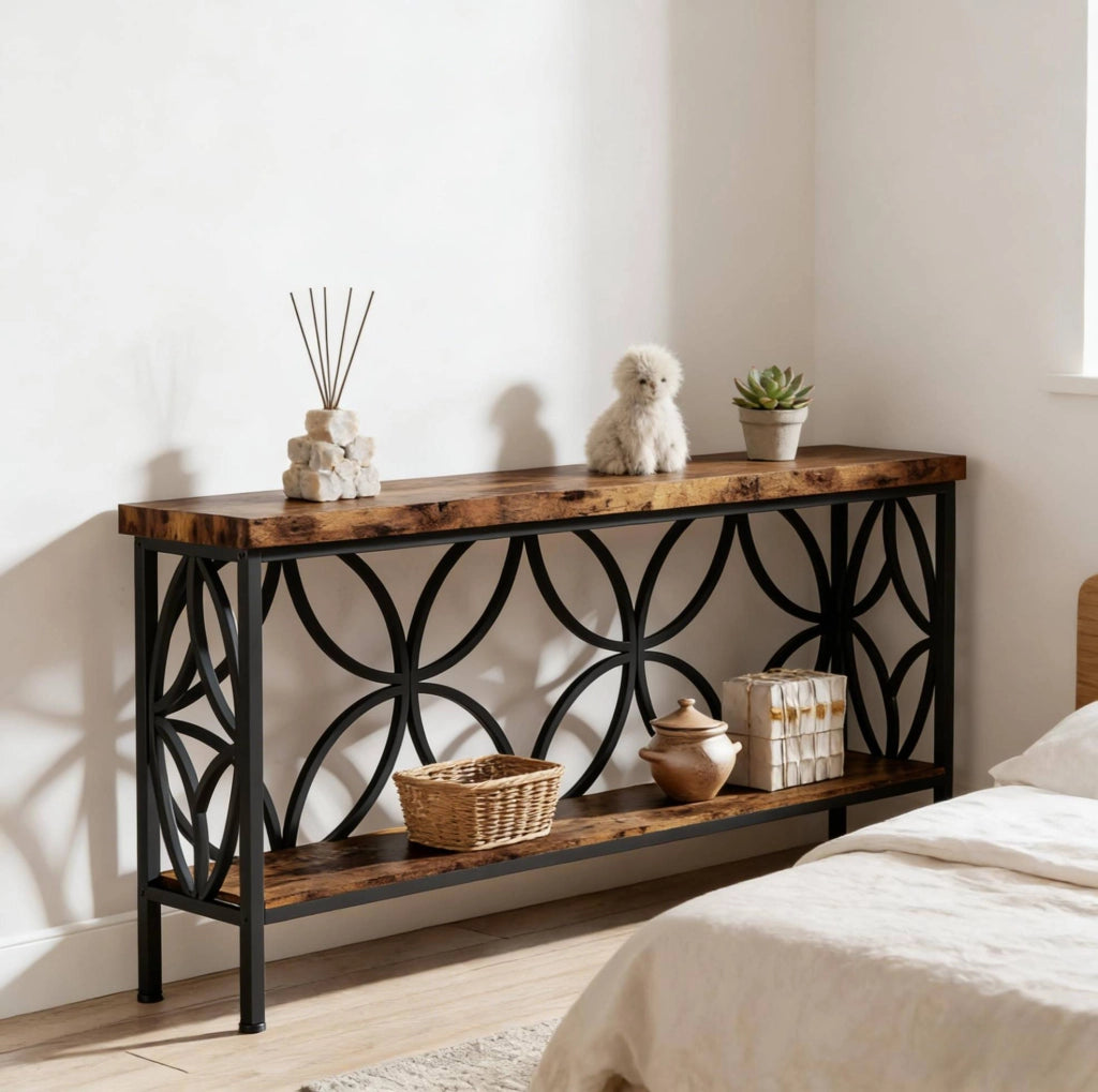Tavolo consolle industriale 160x29,5x80 cm con ripiani aperti