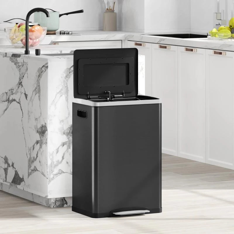 BIDONE IMMONDIZIA A 2 SEZIONI DA 20L CON COPERCHIO SILENZIOSO, IN ACCIAIO INOX E PP, 40X34.8X59 CM, NERO