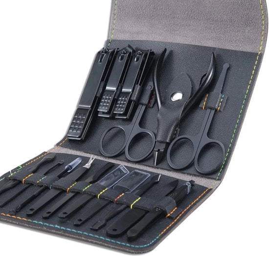 Kit di Manicure e Pedicure Professionale - Strumenti per la Curatela delle Unghie - Rasoio per Unghie in Acciaio Inossidabile 16-in-1 - Set di Curatela in Pelle di Lusso con Custodia (Nero)