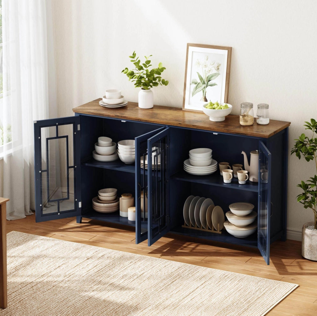 Credenza cucina 160x40x86 cm con ante in vetro; ampia capacità; MDF blu