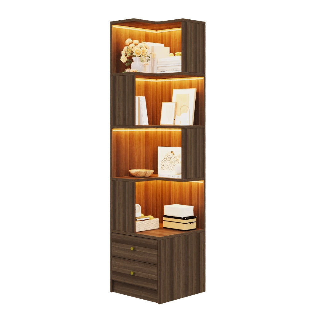Libreria angolare a L con illuminazione LED controllabile via app, 45 x 43,5 x 180 cm, marrone