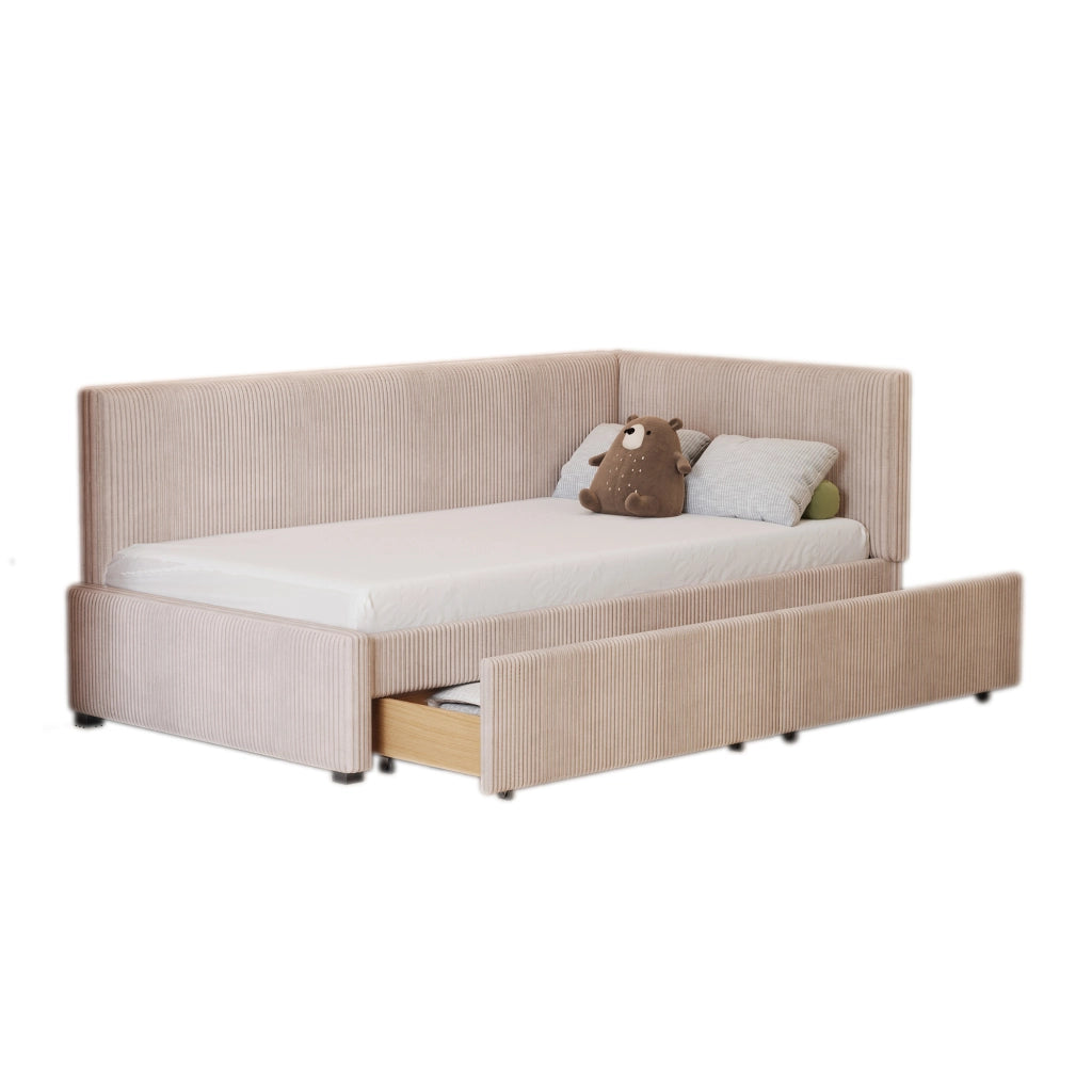 Letto divano 90 × 200 cm con 2 cassetti contenitore, schienale reversibile, senza materasso, in velluto, beige