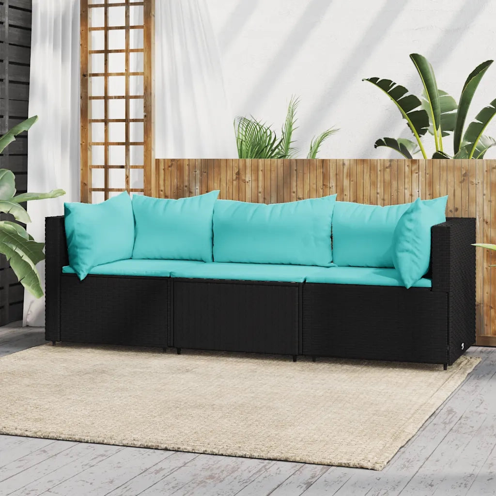 Set Divani da Giardino 3 pz | Set Salotto da Giardino con Cuscini Nero in Polyrattan