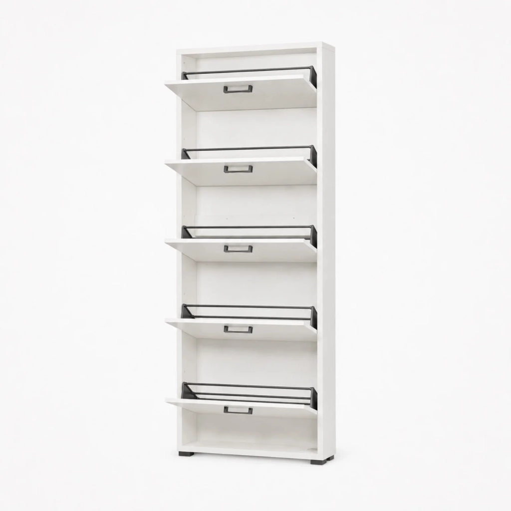 Scarpiera 5 Ante a Ribalta Salvaspazio Bianco Cemento Già Montata | Mobile Portascarpe Alto 75x186x18 cm | Scarpiera Slim Moderna per Ingresso e Corridoio