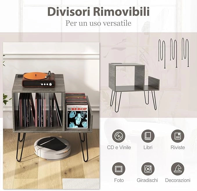 Supporto per Giradischi con Presa di Corrente, Espositore per Dischi con Presa di Corrente e Porta USB, capacità Fino a 145 Album, per Soggiorno e Camera da Letto, 66 x 45 x 67 cm (Grigio)