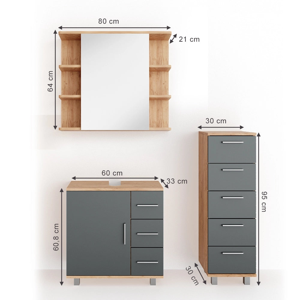 Vicco Set mobili bagno Rovere 3 parti