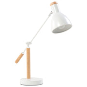 Lampada da Tavolo in Metallo Bianco 50H cm Legno Chiaro Braccio della Gru Paralume Orientabile Moderno