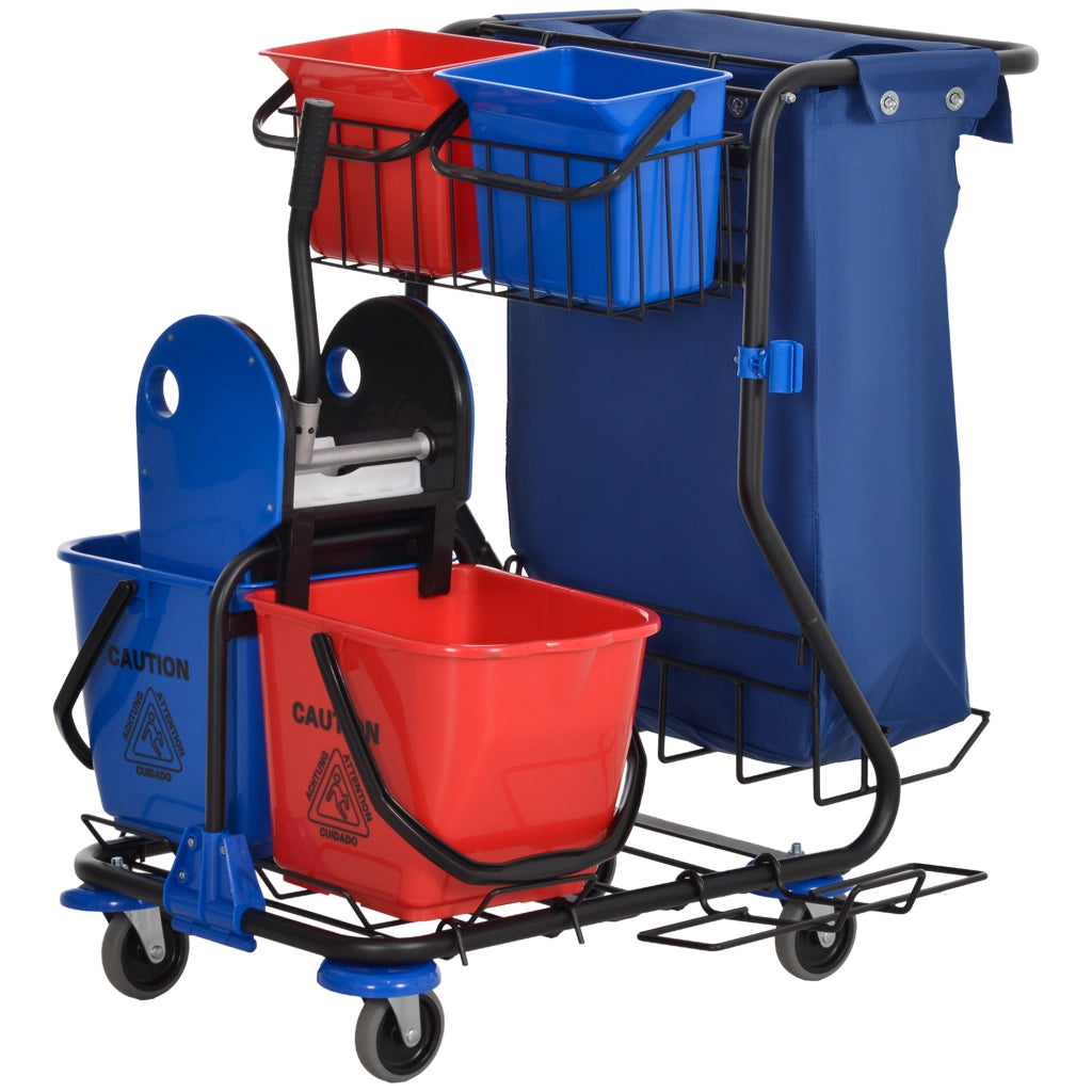 Carrello Pulizie con 4 Secchi e Strizzatore ¨C Minimal ¨C 93x80x97 cm, Rosso Blu Nero