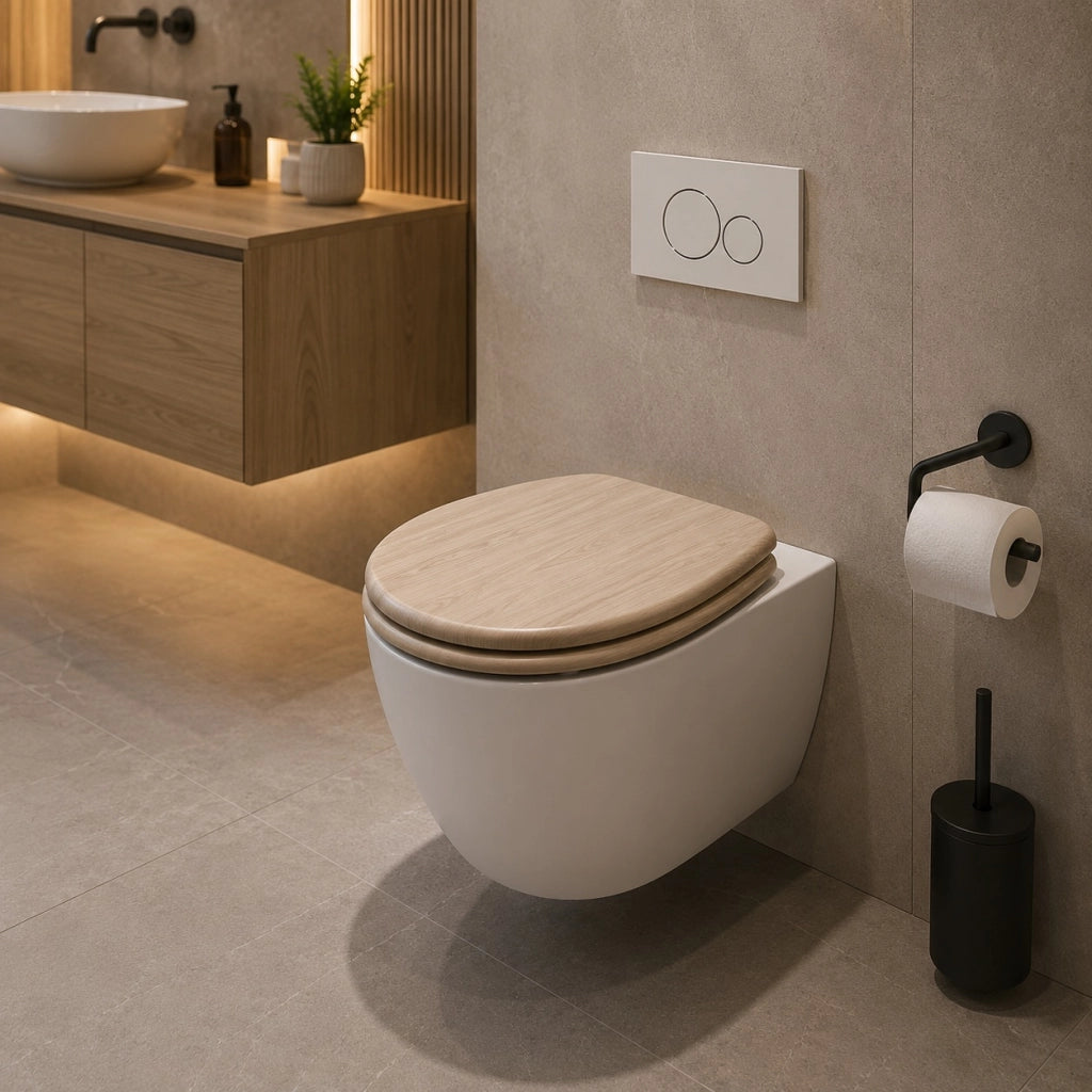 Sedile Copriwater Universale Per Bagno Wc MDF Beige Chiaro Effetto Legno 94106