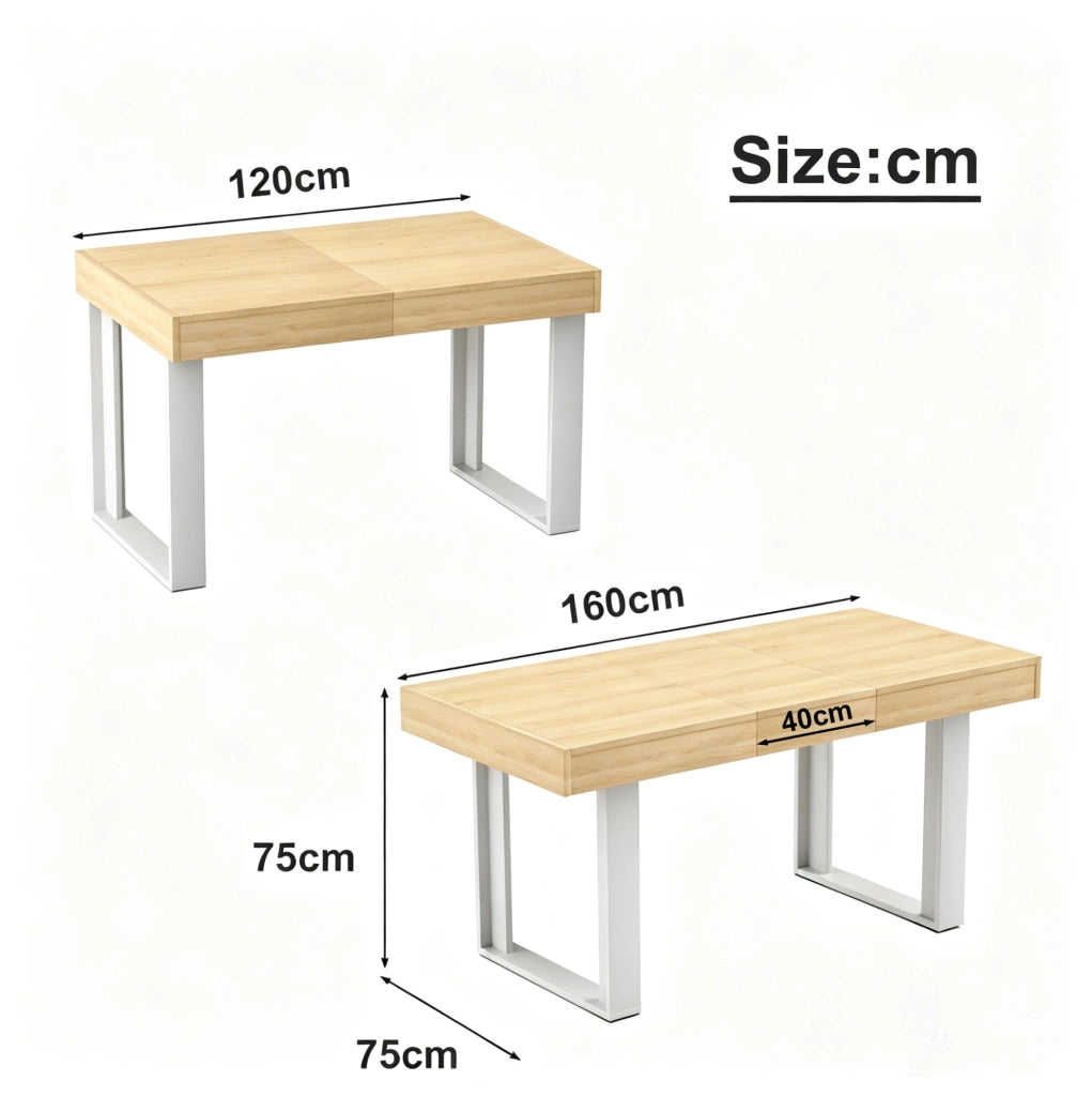 Tavolo da pranzo allungabile 120-160 cm per 8 persone in pannello truciolare naturale e bianco
