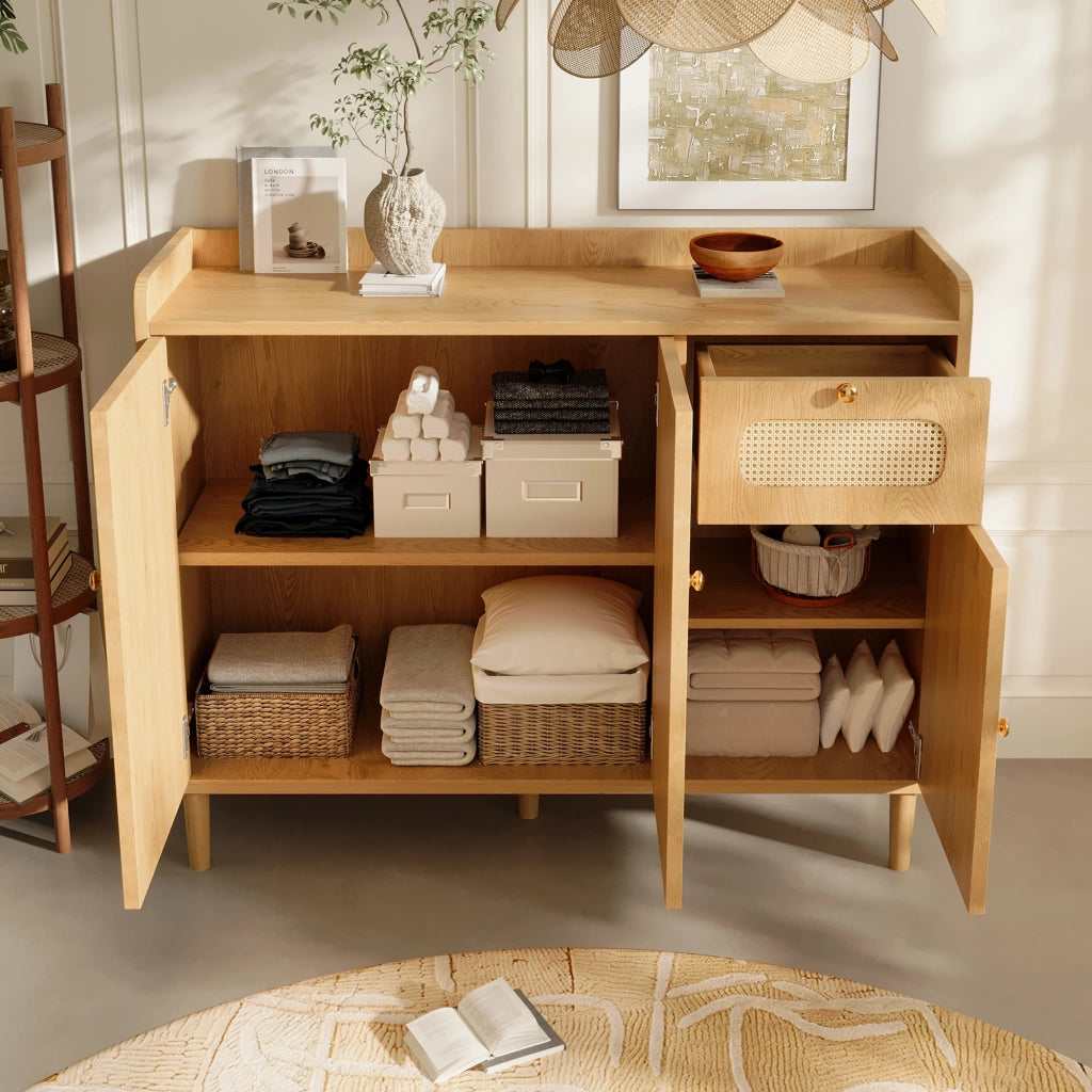 Credenza con 3 ante; 1 cassetto e ripiani regolabili; per soggiorno; in MDF; 120x40x91 cm; rovere